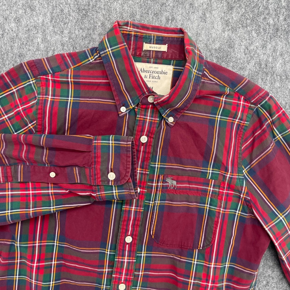Abercrombie & Fitch Shirt Mens Medium Muscle Fit Plaid Button Down Red